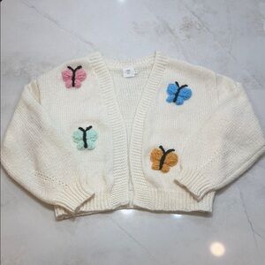 Cream Butterfly Embroidered Cropped Cardigan Sweater